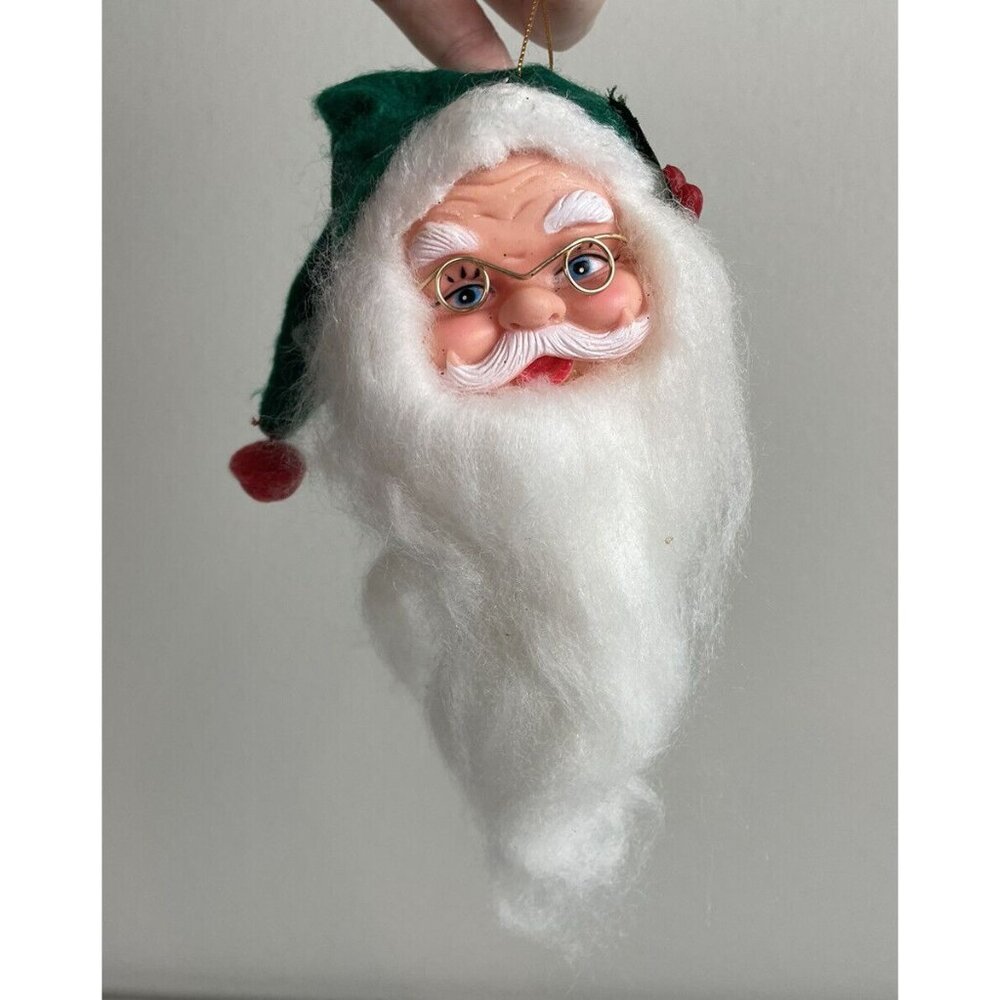 Vintage Santa Claus Head Hanging Christmas Ornament Rubber Face Wire Glasses